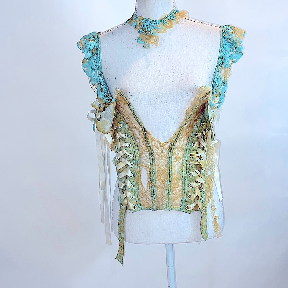 Antoinette distressed PVC, lace and ribbon bodice with choker
